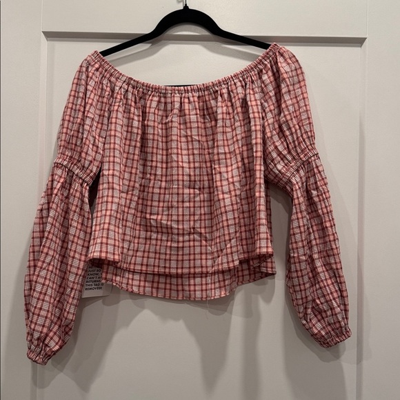 NWT Topshop Womens Off Shoulder Top Sz 4 Seersucker Elastic Wrist-Arm Plaid Pink - Picture 5 of 5